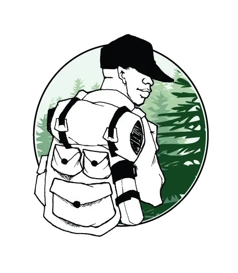Hip Hop Camp Out logo: a camper in a cap with a backpack, in a circle of pine trees.