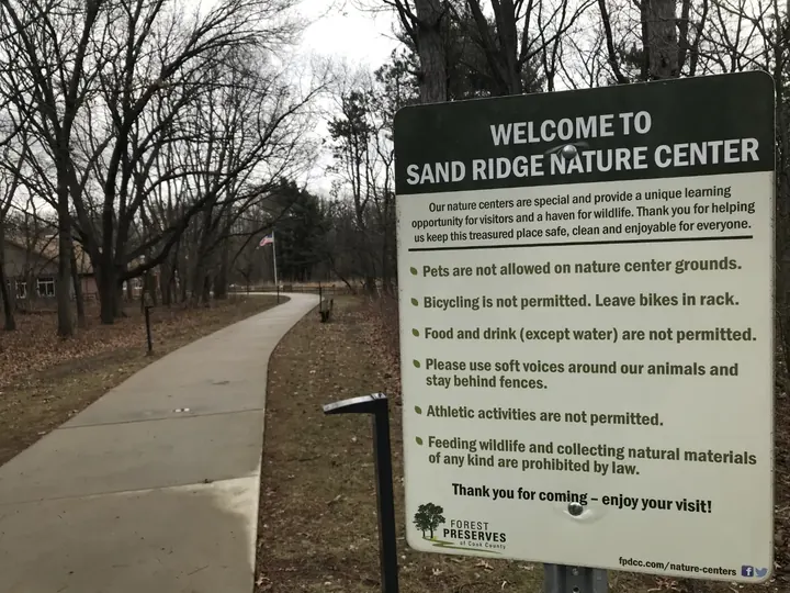 The welcome sign at Sand Ridge Nature Center.