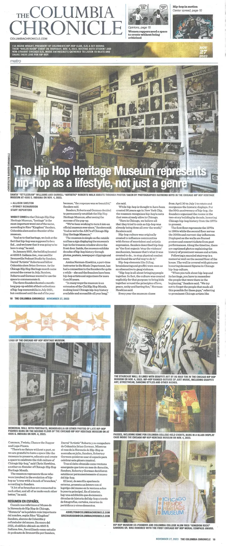 The Columbia Chronicle clipping about the Chicago Hip Hop Heritage Museum